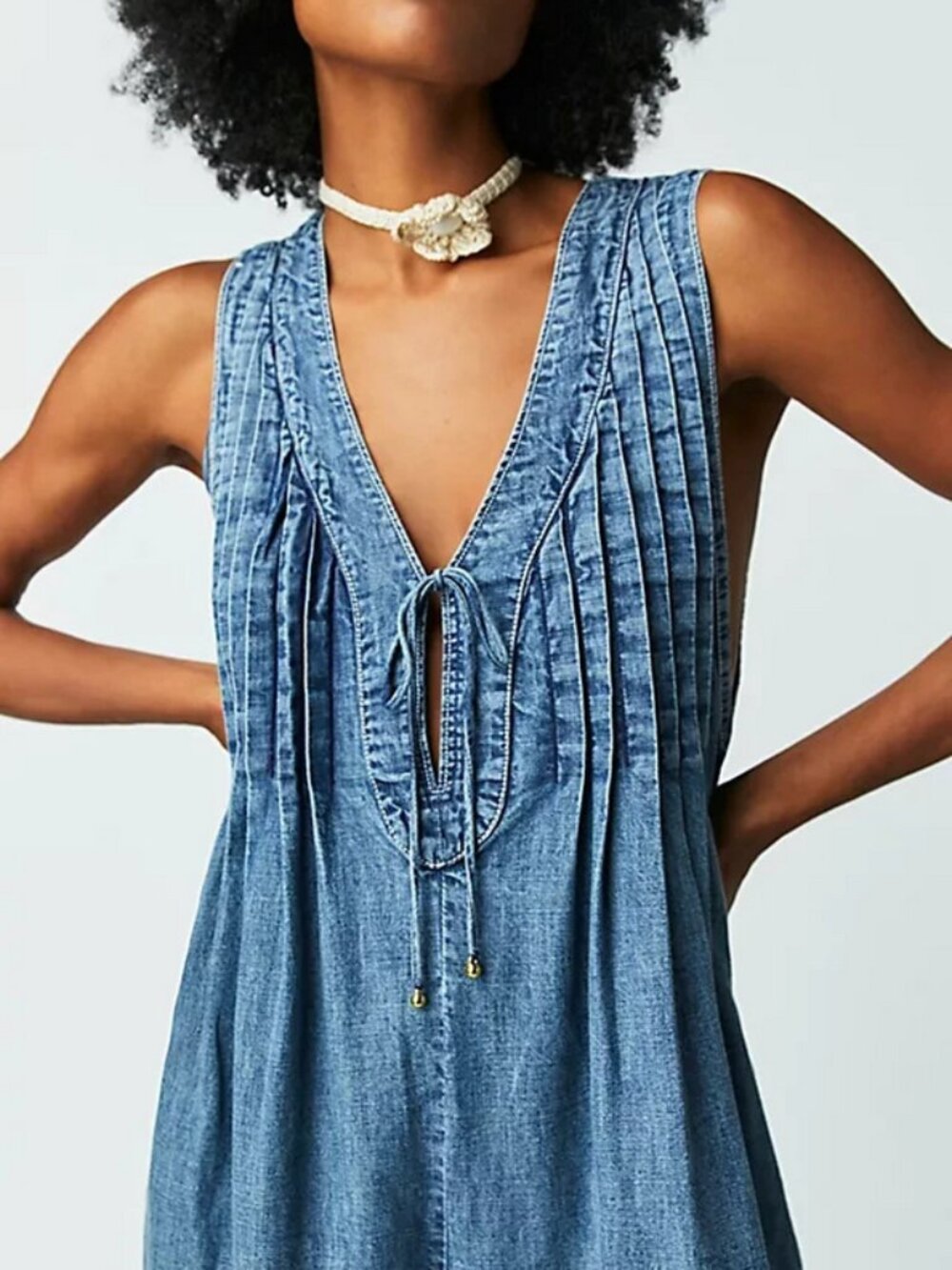 Free People Webster Romper Pleated V Neck Tie Sleeveless Blue XL
